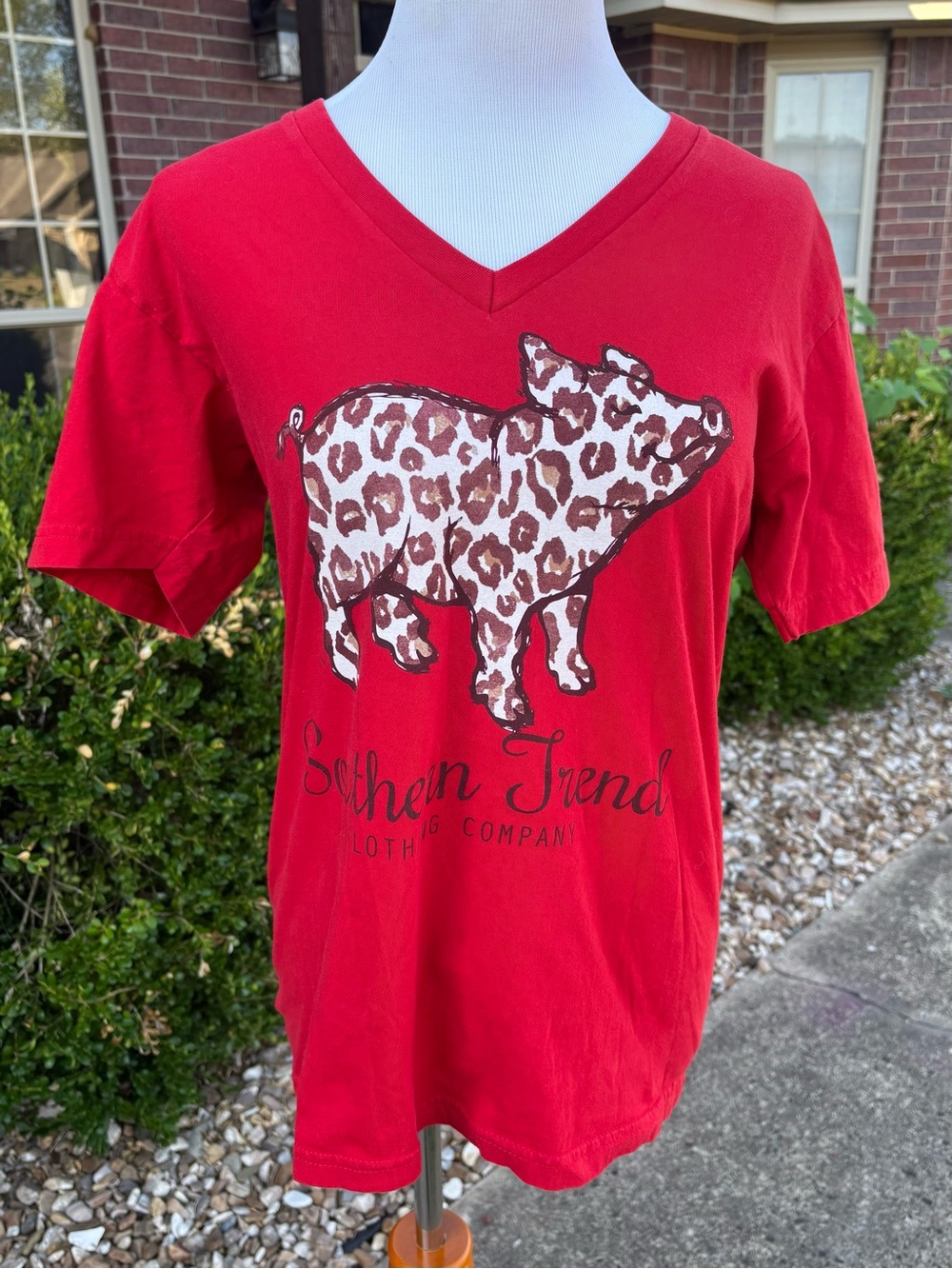 American Apparel Red V-Neck Tee with Leopard Pig Graphic